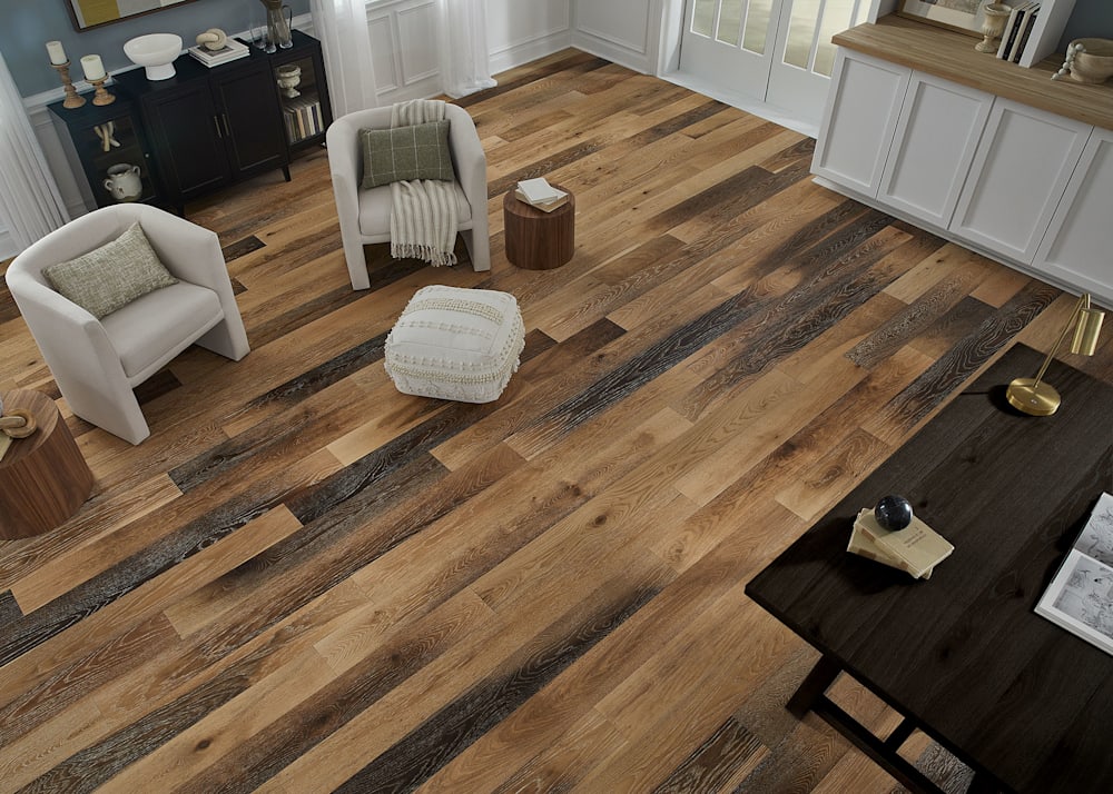 Hardwood floor refinishing in the living room.