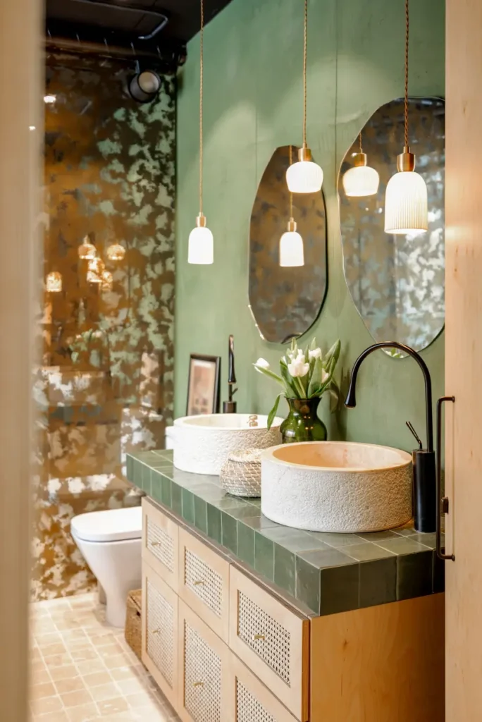 bathroom interior in natural boho style after a remodeling.
