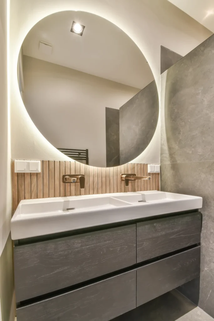 modern bathroom interior with a vanity mirror.