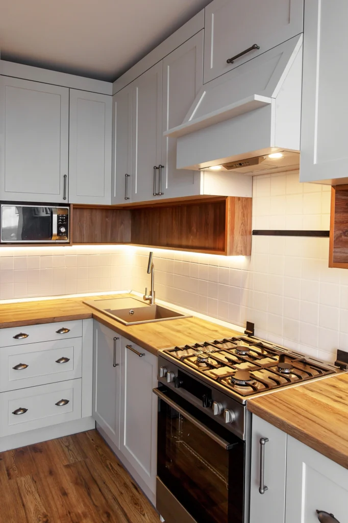 Fully installed custom kitchen cabinets with soft-close drawers.