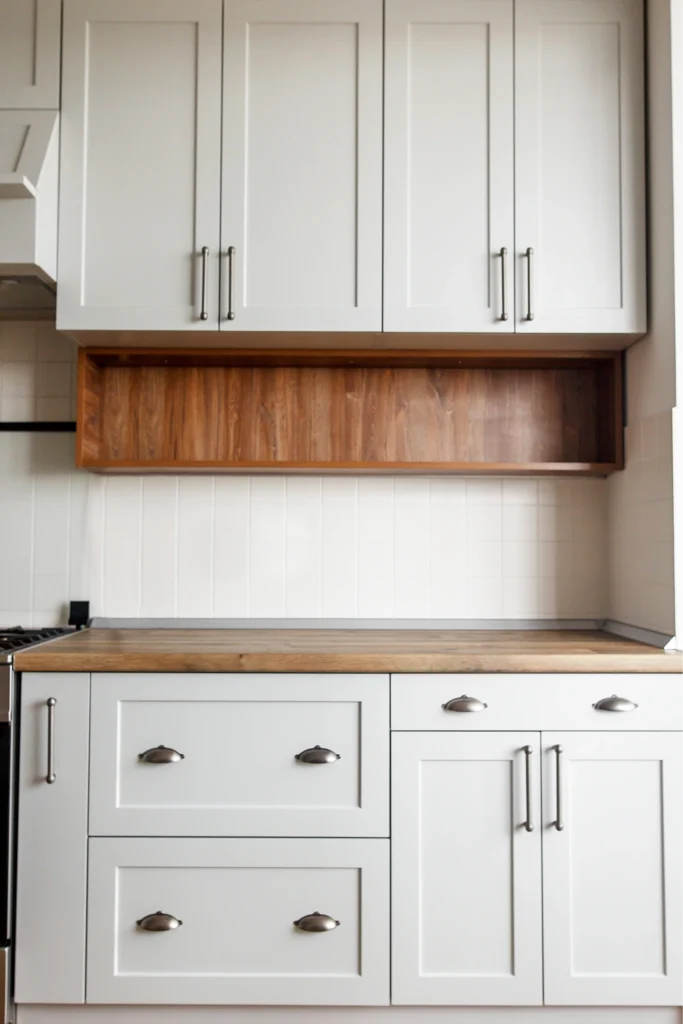 White upper and lower cabinets installed against a white kitchen wall.