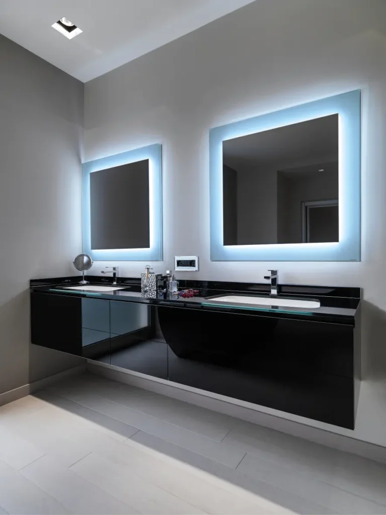modern bathroom with two vanity mirrors with effects.