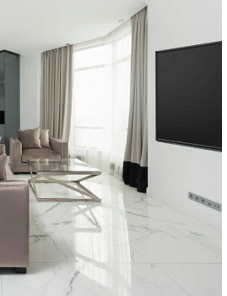 Glossy white porcelain tile flooring in modern living room.
