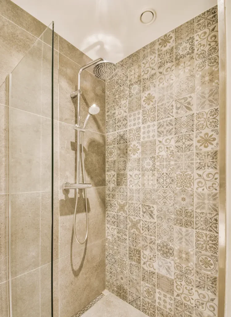 shower tiles installed in the modern bathroom.