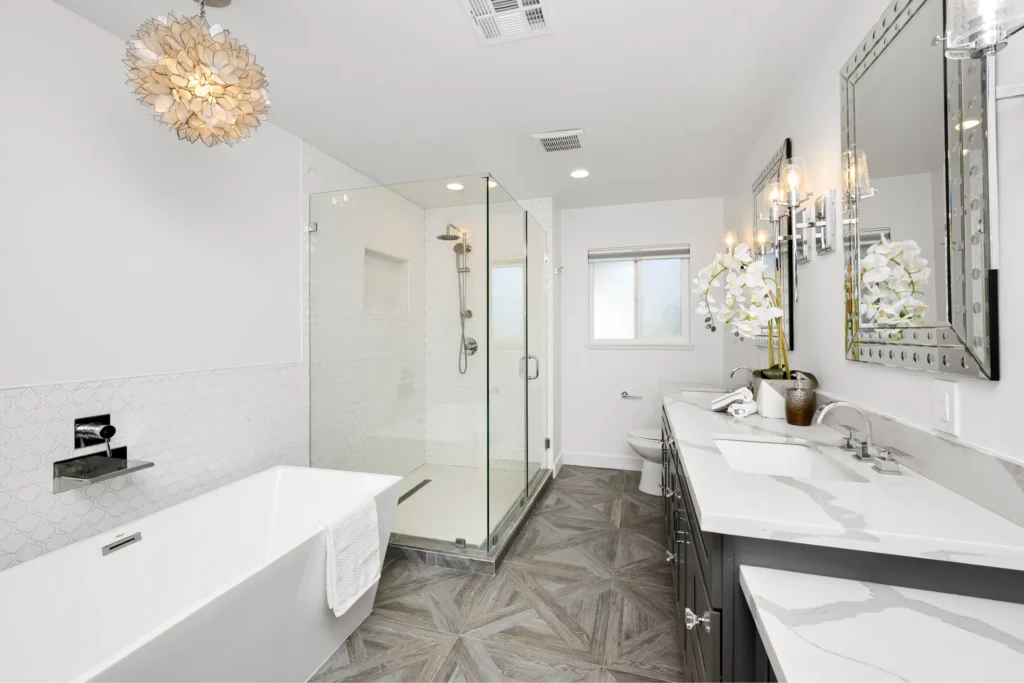 modern bathroom with a walk-in tub and a shower enclosed in a glass.