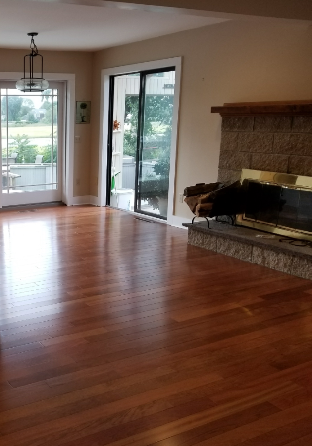 Dark hardwood flooring with a glossy finish in contemporary living room.