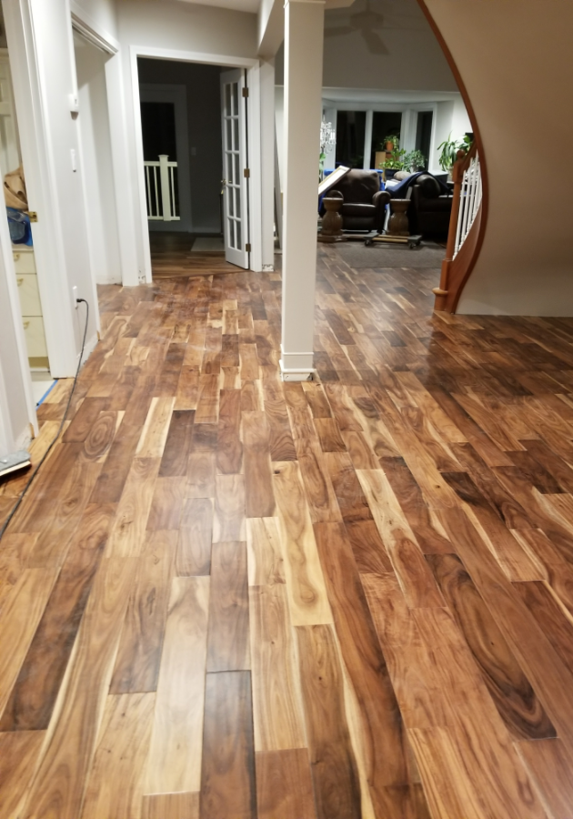 Refinished hardwood floors with glossy finish in modern living room.